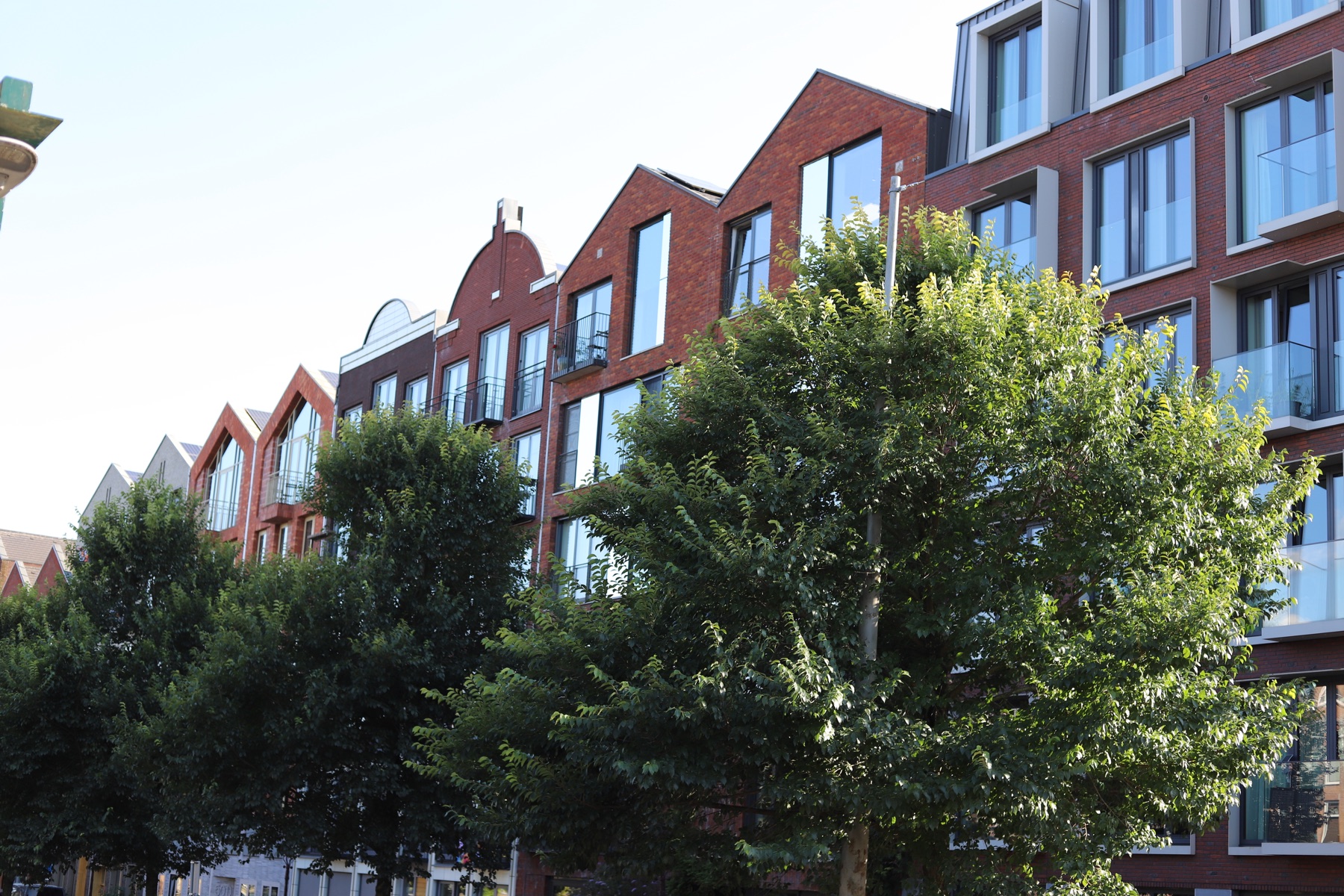 Rij bakstenen woningen met bomen voor de gevels